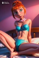 1girls ai_generated artist_name barefoot bed blue_bra blue_panties blunt_bangs bow bow_panties bra breasts despicable_me despicable_me_4 feet green_eyes hair_bun head_tilt hi_res indoors lips looking_at_viewer lucy_wilde medium_breasts navel on_bed orange_hair panties pillow r34arts scarf single_hair_bun sitting solo spread_legs strapless strapless_bra toes underwear underwear_only