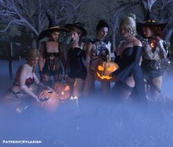 3d 6+girls 6girls black_lingerie blonde_hair breasts cemetery dark_skin dark_skinned_female female female_only graveyard halloween jack-o'-lantern lineup lingerie mary-beth_gaskill multiple_girls red_dead_redemption_(series) red_dead_redemption_2 witch_hat xylarien