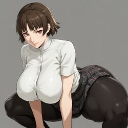 1girls ai_generated atlus big_breasts brown_hair curvaceous curvy_female eyes female female_only hands_on_floor large_breasts light-skinned_female light_skin looking_at_viewer makoto_niijima miniskirt persona persona_5 red_eyes school_uniform seiyoku short_hair short_skirt squatting stockings throwing_it_back tights