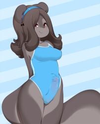 2023 accessory anthro big_tail blue_background blue_clothing blue_headband blue_one-piece_swimsuit blue_swimwear blush bow_accessory breasts brown_hair bulge clothing detailed_bulge erection erection_under_clothing erection_under_swimwear futanari genital_outline genitals grey_body gynomorph hair hair_accessory hairband hands_behind_back headband hi_res humanoid_genitalia humanoid_penis intersex looking_at_viewer mammal miu multicolored_body nipple_outline one-piece_swimsuit orchiectomy pattern_background penis penis_outline pepper_(miu) pink_penis portrait red_eyes rodent sciurid simple_background smile solo standing striped_background stripes swimwear tail three-quarter_portrait trans_(lore) trans_woman_(lore) tree_squirrel two_tone_body