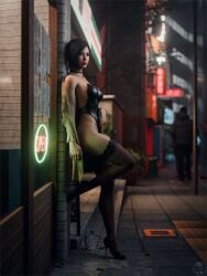 1girls 2025 3d ada_wong ada_wong_(adriana) bodysuit crowd female female_only greengiant3d jacket_off_shoulders lace-trimmed_thighhighs leaning_against_wall night outdoors resident_evil_2 resident_evil_2_remake resident_evil_4 resident_evil_4_remake skimpy skimpy_clothes solo street thigh_high_stockings thigh_highs thighhigh_stockings thighhighs