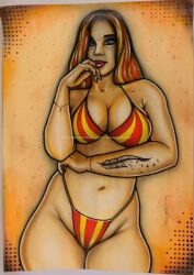 big_hips bracelet chubby feather_tattoo female female_focus female_only george_shmeykal jiri_smejkal painting_(artwork) simple_background striped_hair striped_underwear tattoo wide_hips