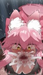 1boy absurdres animal_ear_fluff animal_ears blush breasts commentary_request cum cum_in_mouth cum_overflow deepthroat fate/grand_order fate_(series) fellatio female fox_ears glasses grey-framed_eyewear highres koyanskaya_(fate) large_breasts long_hair mizumizuni oral penis pink_hair pov straight sweat tamamo_(fate) yellow_eyes