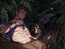 1boy abs arm_tattoo blue_eyes blush blushing brown_hair bulge canteen dog_tags facial_hair far_cry far_cry_3 flushed flushed_face gay gun hidden hiding highres jason_brody jungle machete male_only muscular muscular_male on_grass on_ground pubic_hair raising_shirt scar scar_on_face shirt_lift shirt_lifted_by_self shirt_up sniper_rifle solo_male sweat sweatdrop sweating tattoo tattoos ubisoft weapon yaoi