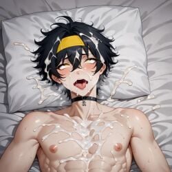 1boy after_anal after_sex ahe_gao ahegao_face ai_generated asaba_harumasa bukkake collar consensual_sex cum cum_everywhere cum_in_mouth cum_on_bed cum_on_body cum_on_breasts cum_on_face cum_on_pillow cum_on_shoulder dark_hair excessive_cum excessive_genital_fluids excited gay gay_sex hair looking_up male missionary missionary_position muscles navel nipples on_bed open_mouth short_hair spread_legs sweat sweat_on_face white_bed_sheet yaoi yellow_eyes zenless_zone_zero