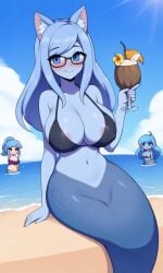 ai_generated anahita beach big_breasts blue_body blue_eyes blue_hair blush breasts calamity_mod cat_ears coconut colored colored_skin drink mermaid terraria