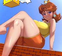 1girls arm_support barefoot big_breasts breasts brown_hair busty confident crossed_legs feet female female_only grin highres large_breasts legs mario_(series) nintendo pose posing princess princess_daisy seductive seductive_look seductive_smile shirt short_hair shorts sitting sleeveless sleeveless_shirt smile solo source_request teeth thick_thighs thighs xendrawsthings