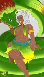 barefoot big_breasts bra bulge dark-skinned_futanari feet feral giant_snake halo jyaboislewd lipstick painted_nails painted_toenails sitting skirt snake white_hair