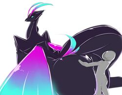 2016 anon anthro ass averyshadydolphin big_butt black_skin buttjob claws covered_buttjob cum cum_on_ass dragon duo erection female horn huge_butt humanoid larger_female long_neck long_tail looking_back male nude orgasm outercourse penis pose presenting regalia regalia_(character) sex simple_background size_difference smaller_male smile straight tiny_head tumblr white_background wings