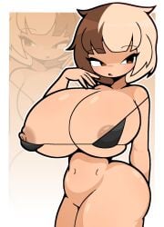 absurd_res absurdres bikini black_bikini blonde_hair brown_eyes brown_hair ebony huge_breasts kush_(suiccint) large_breasts nipple_slip nipples oc original original_character small_bikini solo solo_female suiccint thick thick_thighs two_tone_hair