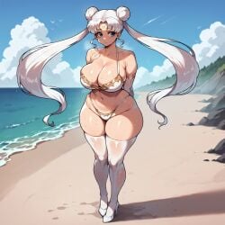 ai_generated bare_thighs beach bikini bishoujo_senshi_sailor_moon blue_eyes gigantic_breasts goddess huge_breasts huge_thighs light-skinned_female light_skin looking_at_viewer massive_breasts neo_queen_serenity smiling smogai solo_female squatting sweat sweatdrop thick_body thick_female thick_thighs thighs twintails voluptuous voluptuous_female white_hair