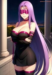 1girls ai_generated aikenoart bare_shoulders black_leotard blindfold blue_sky blush breasts cleavage covered_navel day facial_mark fate/stay_night fate_(series) forehead forehead_mark highleg highleg_leotard large_breasts leotard long_hair medusa_(fate) medusa_(rider)_(fate) outdoors parted_bangs purple_hair sky solo strapless sweat thick_thighs thighs very_long_hair