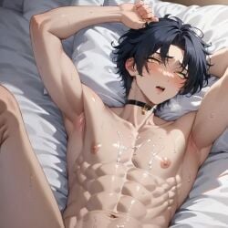 ahegao ahegao_face ai_generated armpits asaba_harumasa bukkake collar consensual_sex cum cum_on_body cum_on_breasts dark_hair gay gay_sex hair looking_up missionary missionary_position muscles navel nipples on_bed open_mouth short_hair spread_legs sweat sweat_on_face sweaty_armpits white_bed_sheet yaoi yellow_eyes zenless_zone_zero