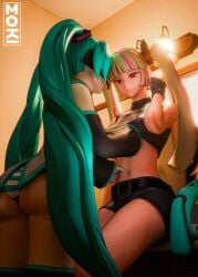 2025 2girls 3d 3d_(artwork) ass big_ass blender blue_hair breast_grab breasts bubble_ass bubble_butt clothed clothing epic_games female female_focus female_only fortnite fortnite:_battle_royale groping groping_breasts hand_on_breast hatsune_miku hatsune_miku_(fortnite) highres jean_shorts lennox_rose_(fortnite) light-skinned_female light_skin long_hair mokinawa panties ponytail shorts sitting teal_hair thick_ass two_tone_hair underwear vocaloid watermark