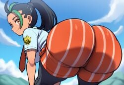 1girls ai_generated ass ass_focus bent_over big_ass big_thighs black_hair bottom_heavy dark-skinned_female dark_skin female female green_hair huge_ass latina looking_at_viewer mullon naranja_academy_school_uniform nemona_(pokemon) nintendo novelai pokemon pokemon_sv ponytail smirk solo solo_female thighs two-tone_hair