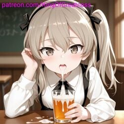 ai_generated anime cum cum_in_glass cum_in_mouth cute drinking_cum girls_und_panzer king_great light_brown_eyes light_brown_hair long_hair oc sexy shimada_arisu