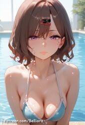 ai_generated beauty_mark beauty_mark_under_eye belliora bikini bikini_top blush breasts brown_hair brown_hair_female female female_focus female_only hairclip hairclips higuchi_madoka idolmaster idolmaster_shiny_colors looking_at_viewer patreon patreon_username pool poolside purple_eyes shiny shiny_hair shiny_skin short_hair solo solo_female solo_focus straight_face swimsuit swimwear wet wet_body wet_skin