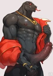 1boy abs artist_name bara claws colored_sclera dendryte_axxon english_commentary erection fortnite furry furry_male gold_necklace highres jacket jewelry long_tongue looking_at_viewer male_focus multiple_rings muscular muscular_male necklace nipples open_clothes open_jacket pectorals penis red_jacket red_sclera reptile_boy ring smile sweat testicles thunder_(fortnite) tongue tongue_out