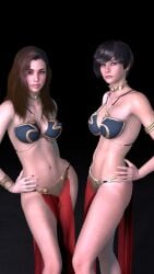 2girls 3d black_hair brown_hair cosplay original original_character short_hair slave_bikini slave_leia_(cosplay) thedude7022 virtamate