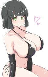 bikini black_bikini black_gloves black_hair bob_cut breasts cleavage elbow_gloves gloves green_eyes halterneck heart large_breasts link!_like!_love_live! love_live! momose_ginko navel rokoroko_65 shiny_skin short_hair side-tie_bikini_bottom sideboob sitting smile swimsuit white_background