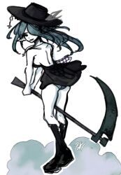 2024 artist_upload ass backboob backless_dress backview bigoldstinker boots breasts dress elf elf_ears highres ibispaint_(artwork) ibispaintx long_hair looking_at_viewer medium_breasts neutral_expression oc original original_artwork original_character panties scythe self_upload sfw sketch smile smiling_at_viewer thighs underwear upskirt