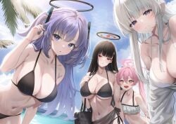 4girls artist_request beach big_breasts blue_archive halo koyuki_(blue_archive) millennium_science_school_student noa_(blue_archive) rio_(blue_archive) seminar_(blue_archive) swimsuit twintails yuuka_(blue_archive)