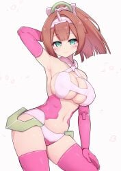 1girls arm_behind_head asra_archer_ouki big_breasts blush breasts brown_hair cleavage female female_focus female_only green_eyes hairband joints large_breasts looking_at_viewer megami_device midriff navel nipple_bulge simple_background smile solo subten thick_thighs thighs white_background