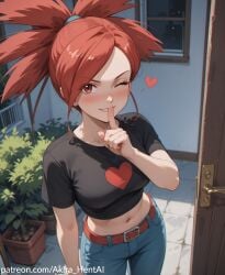 ai_assisted ai_generated akira_hentai date dating door flannery_(pokemon) flirting horny in_doorway inviting looking_down nintendo opening patreon_reward patreon_username pokemon shushing