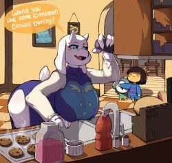 1girls anthro ass blue_eyes breasts brown_hair closed_eyes cookie covering_eyes dress english_text female female_focus frisk furry goat goat_horns grey_hair hips kitchen kitchen_counter large_ass large_breasts maiz-ken milf mother mother temmie_(undertale) text thick_thighs thighs toriel undertale undertale_(series) white_body white_fur wide_hips