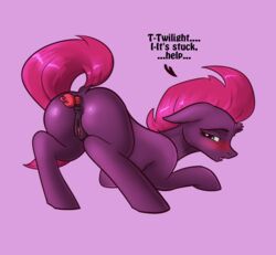 alorix anal anal_sex animal_genitalia anus blush buttplug english_text equine female green_eyes hair horn looking_back mammal my_little_pony my_little_pony_the_movie penetration pink_hair pussy sex_toy solo tempest_shadow_(mlp) text unicorn