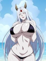 alien_girl breasts byakugan colored_skin facial_mark female fingernails forehead_mark goddess highres horns large_breasts lipstick long_hair looking_at_viewer makeup milf nail_polish naruto naruto_(series) naruto_shippuden otsutsuki_kaguya pale_skin red_lips rinne_sharingan rinnegan sharingan short_eyebrows solo swimsuit thick_eyebrows third_eye tomoe_(symbol) very_long_hair white_eyes white_hair yxyyxy