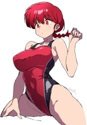 bare_arms bare_legs bare_shoulders bare_thighs batta_16-sei belly_button_visible_through_clothing big_breasts braid breasts collarbone competition_swimsuit highleg_one-piece_swimsuit one-piece_swimsuit parted_lips ranma-chan ranma_1/2 red_eyes red_hair red_swimsuit shiny_skin swimsuit thick_thighs thighs