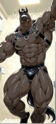 ai_generated annoyed armpits bathroom biceps big_biceps drooling equine hard_nipples harness highres inviting jerryc looking_at_viewer muscular_male musk solo swea sweat tail veiny_muscles