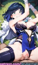 ai_assisted ai_generated big_breasts blue_hair clenched_teeth cum defeated defeated_heroine genshin_impact green_eyes gruberman outdoors patreon rape short_hair tears torn_clothes vaginal_penetration yelan_(genshin_impact)