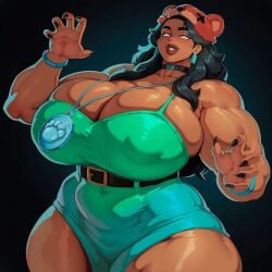 1girls aged_up ai_assisted big_ass big_breasts black_hair black_nails blank_eyes blue_dress bracelet brawl_stars breasts_bigger_than_head choker clawed_fingers cleavage dark-skinned_female dark_hair dark_skin earrings female female female green_dress huge_breasts huge_nipples jewelry large_ass milf muscle muscular muscular_arms muscular_female nita_(brawl_stars) sfw smile solo thick_lips thick_thighs white_eyes wide_hips