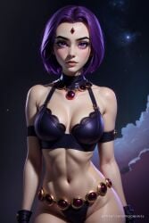 1girls ai_generated bare_shoulders black_bra black_panties boomerang_(tv_network) bra breasts cartoon_network cleavage colored_skin dc dc_comics forehead_jewel gem gem_on_forehead gloves grey_skin hi_res jewelry lace-trimmed_bra lace_trim lingerie lips looking_at_viewer medium_breasts navel night night_sky nose panties progenarts purple_bra purple_eyes purple_hair rachel_roth raven_(dc) short_hair sky solo star_\(sky\) starry_sky superhero superheroine teen_titans underwear warner_brothers web_address