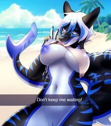 2016 5_fingers anthro areola barely_visible_genitalia beach big_nipples big_tail bikini bikini_top biped black_claws black_skin black_tail blue_eyes blue_hair blue_nipples blue_skin blue_sky blue_stripes blue_tail breasts claws clothed clothing cloud day detailed_background digital_media_(artwork) english_text f-ss female fin fish front_view gesture hair hi_res long_tail looking_at_viewer marine multicolored_hair multicolored_skin multicolored_tail navel nipples non-mammal_breasts nyx_sharkeh one_breast_out outside palm_tree partially_clothed pink_clothing pink_topwear pussy sand sea seaside seductive selfie shark short_hair sky solo standing striped_skin striped_tail stripes subtle_pussy swimsuit tail_fin tattoo teeth text thick_tail tree two_tone_hair v water white_hair white_skin white_tail