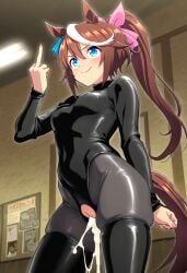 after_sex after_vaginal ai_generated animal_ears blue_eyes brown_hair cheating cheating_girlfriend cum cum_in_pussy cumdrip horse_ears horse_girl horse_tail middle_finger money prostitute prostitution smile tokai_teio_(umamusume) umamusume umamusume_pretty_derby whore