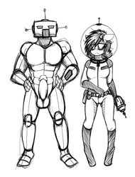 2017 abs anthro armor balls blush clothing equine fan_character female helmet horse humanoid_penis laser_gun looking_at_penis machine male mammal monochrome my_little_pony penis pony ranged_weapon ray_gun replica_(artist) replica_(oc) robot sketch spacesuit story story_in_description weapon