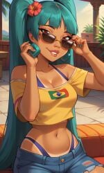 ai_generated ass bigmic145 brazil brazilian brazilian_miku brazilian_miku_(cosplay) breasts chel chel_(the_road_to_el_dorado) cosplay crop_top dark-skinned_female double_ponytail dreamworks g-string jewelry midriff navel, shorts solo solo_female tanline the_road_to_el_dorado