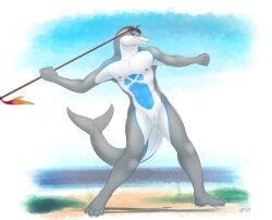 anthro beach blue_eyes blue_spots cetacean cuntboy dolphin dolphinproject genitals grass grey_body hi_res holding_object holding_weapon intersex mammal marine melee_weapon plant polearm pussy solo spear spots toothed_whale weapon white_body