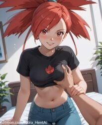 ai_assisted ai_generated akira_hentai boobs_out breasts date dating door flannery_(pokemon) flirting fondling_breast grabbing_breasts groping guided_breast_grab horny inviting looking_down opening patreon_reward patreon_username pokemon showing_breasts shushing