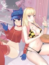 3d 3d_(artwork) bed bikini blue_hair breasts cappie_(miside) duo_female female hair_blue kitagawa_marin lewdsark miside mita_(miside) multicolored_hair room semi_nude sono_bisque_doll_wa_koi_wo_suru sweat yellow_hair