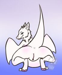 2017 anus ass blush dragon female feral fur hair inflation looking_at_viewer looking_back nude pregnant presenting presenting_hindquarters presenting_pussy pussy rear_view simple_background skellertom smile solo wings