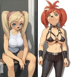 ai_generated barboskiny bondage funny gachimuchi imminent_fisting leather_pants liza_(the_pooches) liza_barboskina locker_room parody roza_barboskina shorts sisters the_pooches