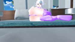 barely_covered_crotch bodysuit carrot_in_mouth feet feet_focus laying_on_bed laying_on_side purple_bodysuit purple_socks socks thighhighs vrchat vrchat_avatar