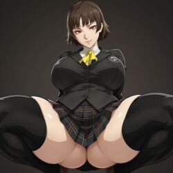 1girls ai_generated atlus big_breasts brown_hair curvaceous curvy_female eyes female female_only large_breasts light_skin looking_at_viewer makoto_niijima miniskirt persona persona_5 plaid_skirt red_eyes school_uniform seiyoku short_skirt spread_legs squatting stockings thick thick_thighs voluptuous voluptuous_female wide_hips yasogami_school_uniform