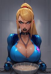 ai_generated angry bimbo black_lipstick blonde_hair bondage captured chains choker cleavage collar cum cum_in_bowl cum_in_container excessive_cum gokkun goth handcuffs huge_breasts jail pobodyznerf ponytail prison samus_aran semen steam thick_cum zero_suit_samus