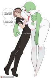 1boy 1girls absurd_res anthro areolae big_breasts braid breast_bigger_than_head breast_press breasts brown_hair carrying carrying_over_shoulder closed_eyes daisy_(luxurias) dialogue english_text female full_body gardevoir generation_3_pokemon green_hair height_difference human luxurias male mammal nintendo nipples pokemon pokemon_(species) sleeping smile speech_bubble taller_girl white_background