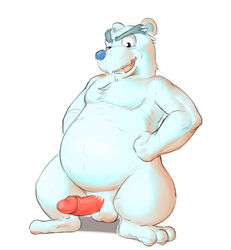 anthro arched_back balls bear club_penguin disney erection front_view full-length_portrait grin guide_lines hands_on_hips herbert_p._bear hi_res humanoid_penis male male_only mammal naughty_face nude overweight overweight_male penis polar_bear portrait pose retracted_foreskin seyrmo simple_background smile solo standing uncut video_games white_background